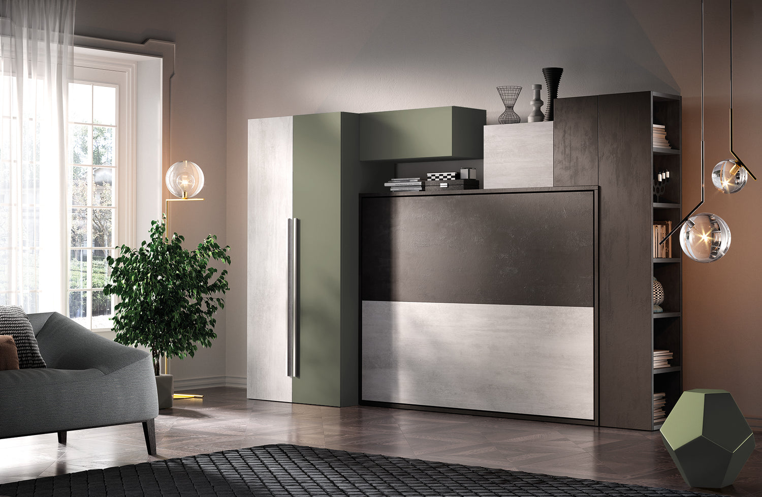 Salon moderne avec mobilier modulaire fermé, tons neutres et verts, éclairage suspendu, plante en pot et grande fenêtre