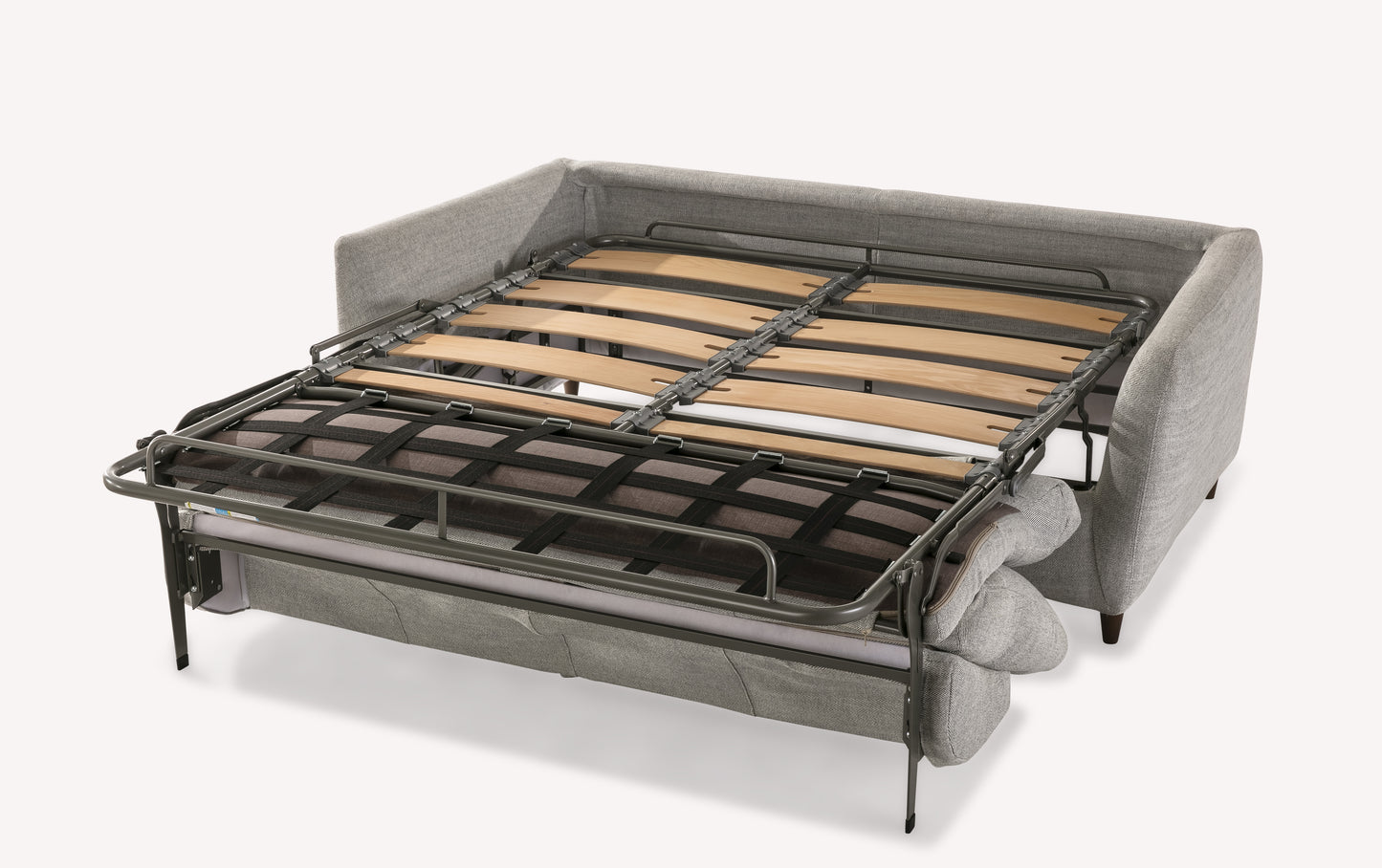 Canapé convertible gris en tissu avec sommier déplié, modèle Bow Sidecar