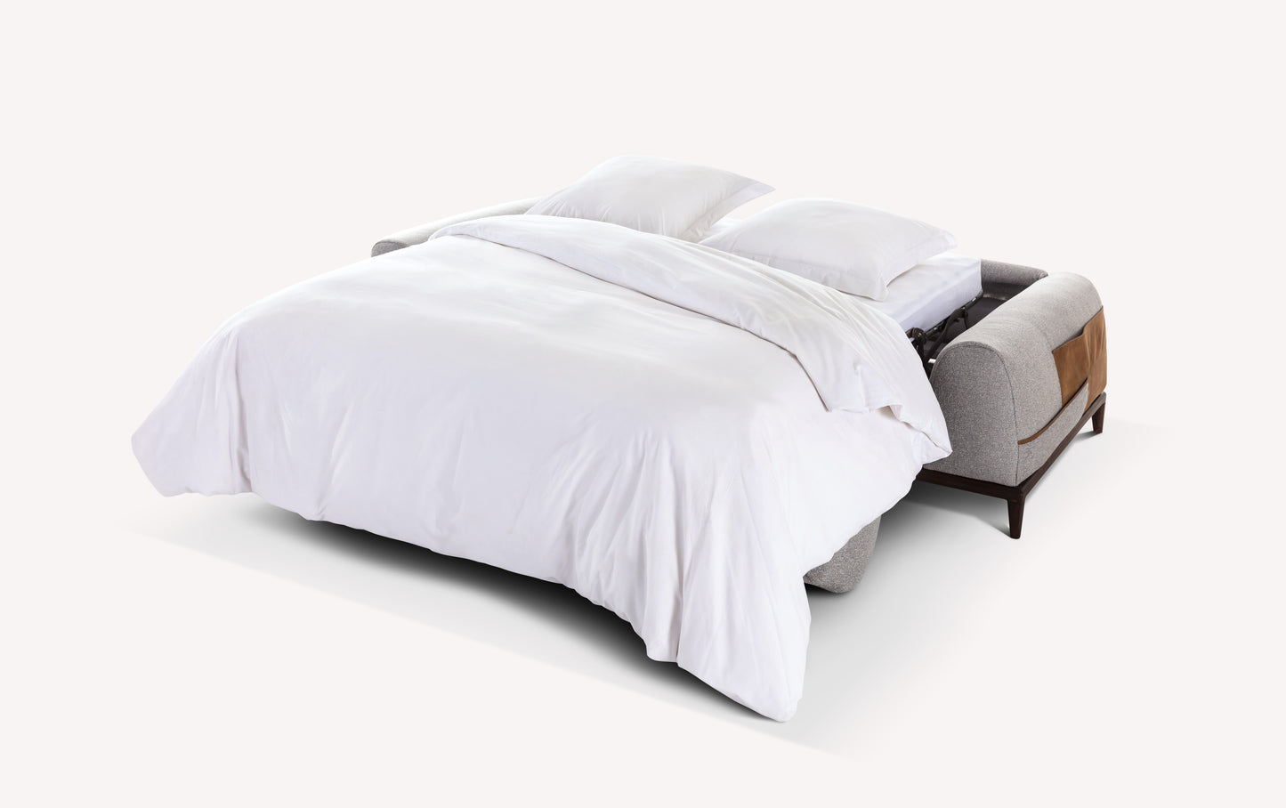 Canapé convertible Darren ouvert en tissu gris, transformé en lit avec draps blancs