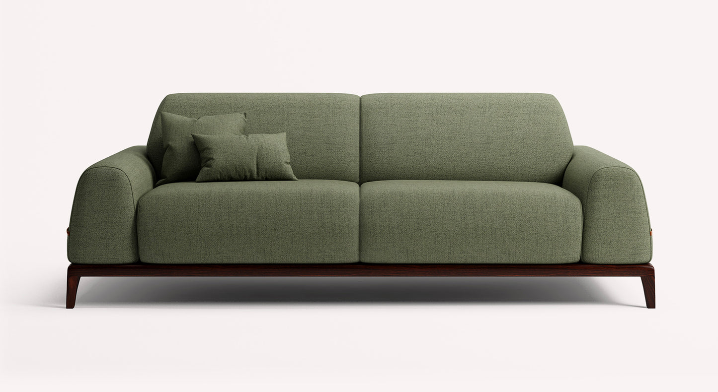 Canapé convertible Darren en tissu vert Foster Winter Moss avec coussins assortis, design moderne et pieds en bois foncé