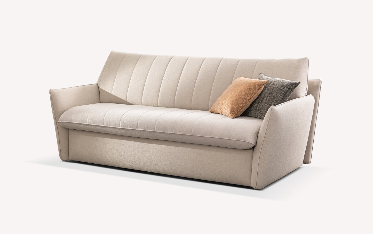 Canapé convertible Dita en tissu beige fluf avec coussins décoratifs