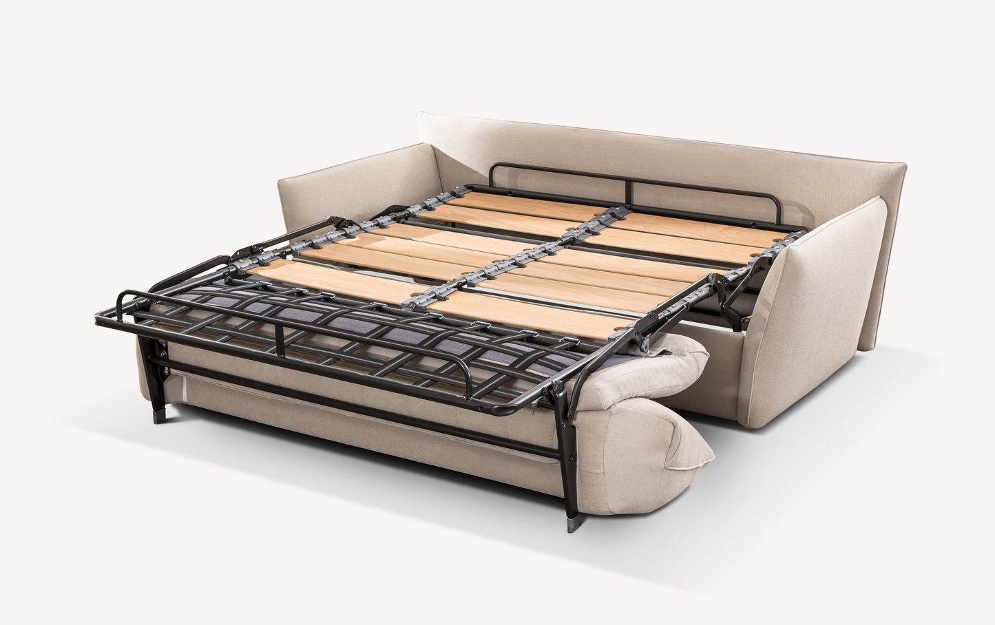 Canapé convertible Dita en tissu beige, avec sommier déplié et structure en métal et bois