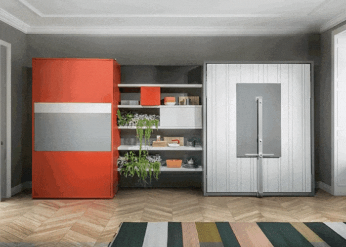 Meuble modulaire moderne avec étagères, placard rouge, plantes suspendues et lit escamotable intégré, sur parquet à chevrons