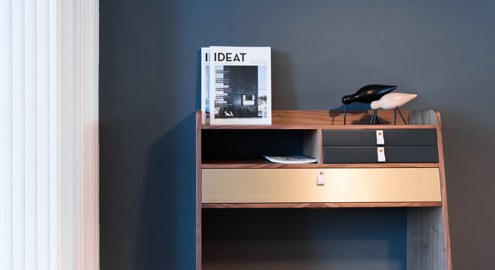 GASTON Secretary Desk Walnut Walnut Brass Brushed Petrol Blue