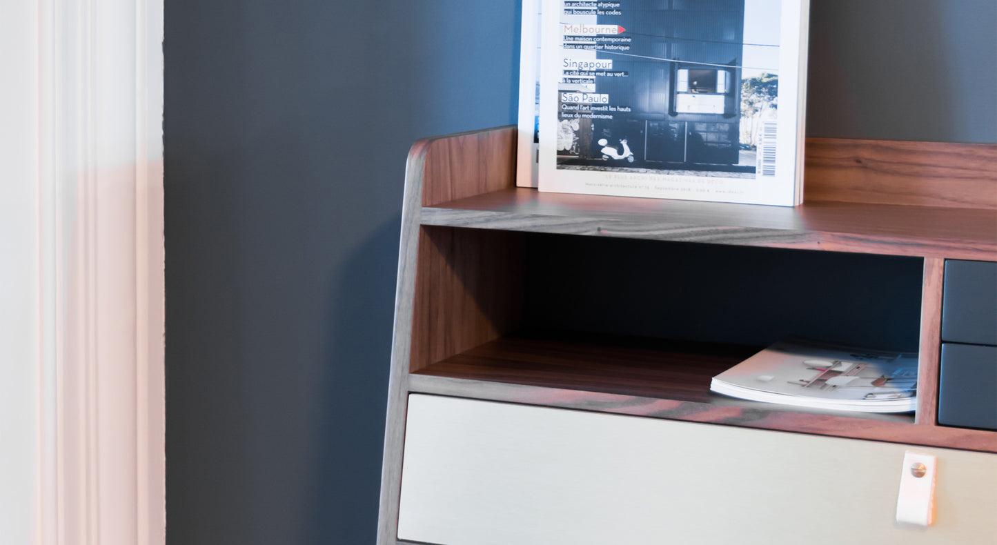 GASTON Secretary Desk Walnut Walnut Brass Brushed Petrol Blue