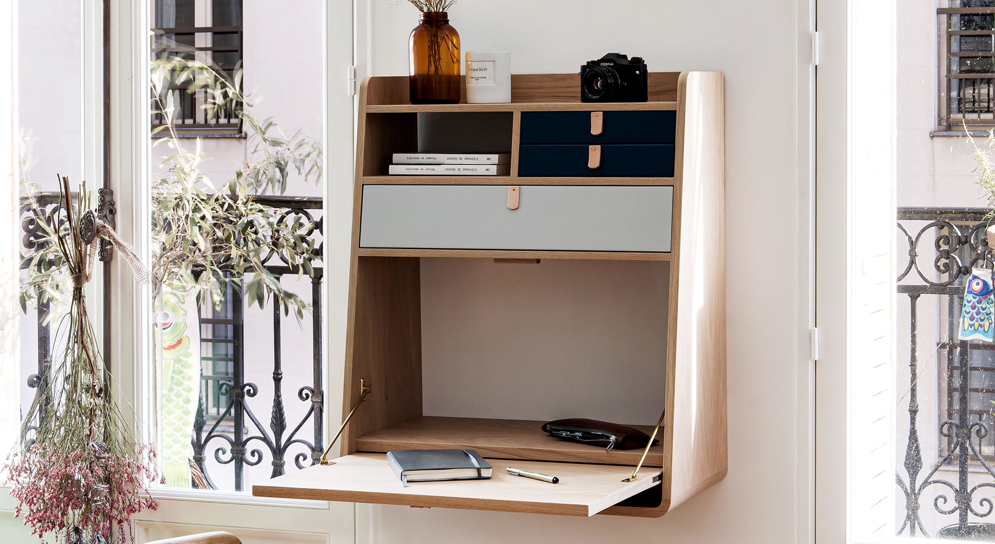 Secretary desk GASTON Oak Light Gray Slate Gray