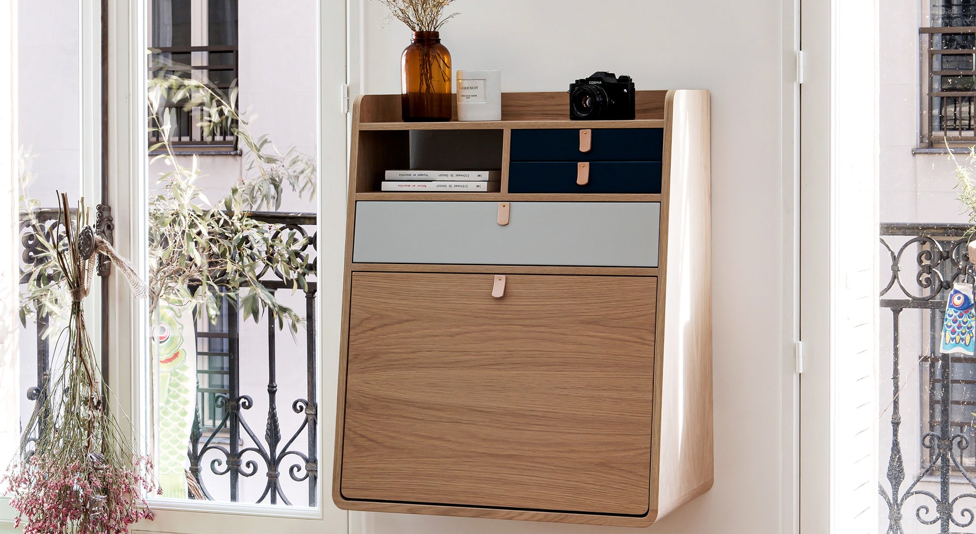 Secretary desk GASTON Oak Light Gray Slate Gray