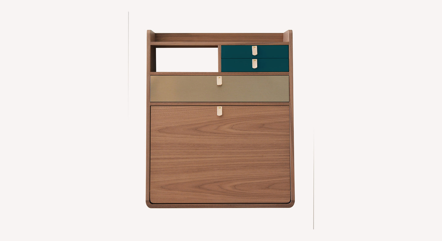 GASTON Secretary Desk Walnut Walnut Brass Brushed Petrol Blue