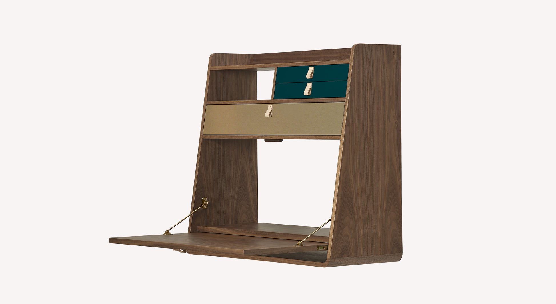 GASTON Secretary Desk Walnut Walnut Brass Brushed Petrol Blue