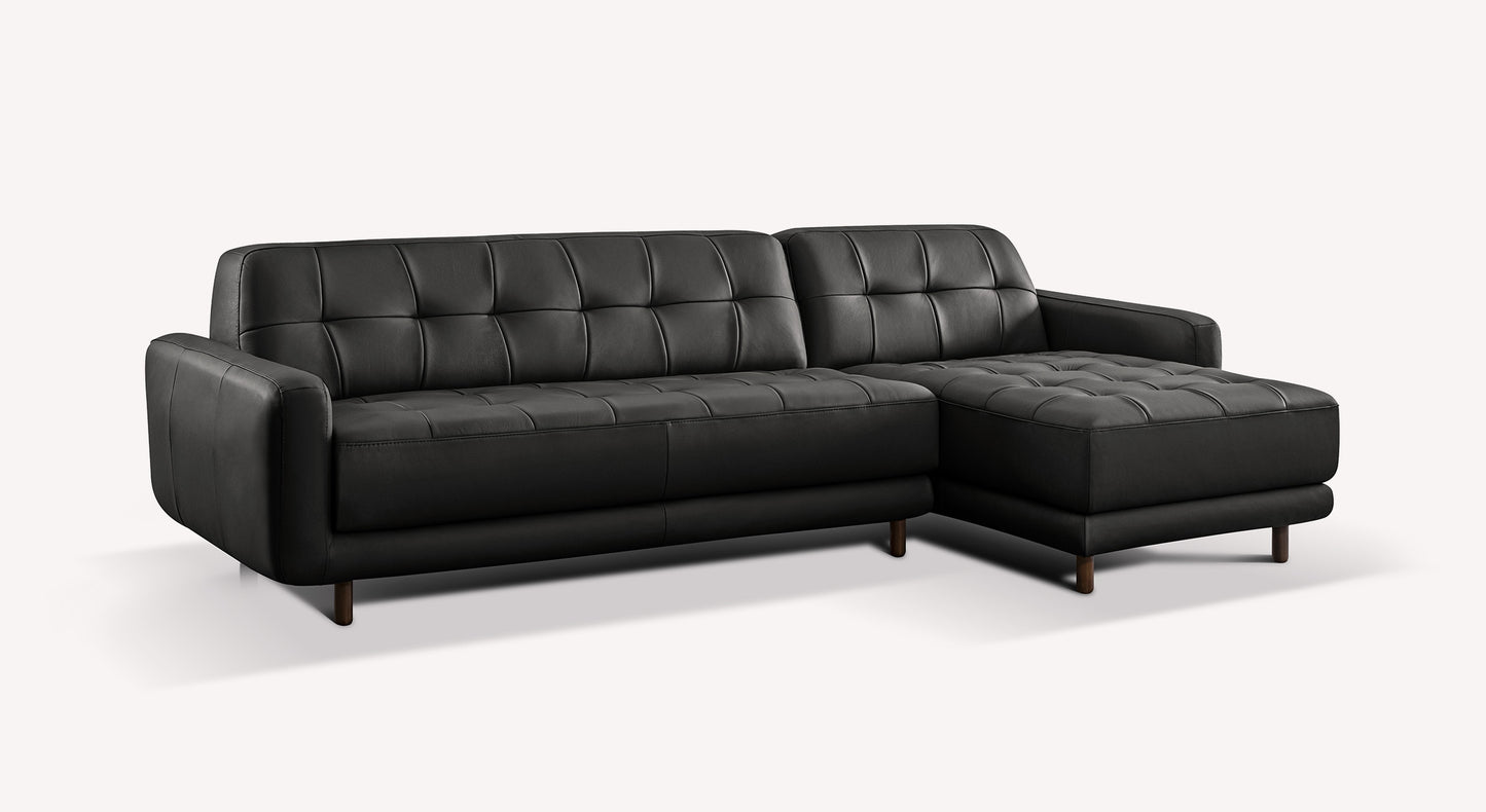 Canapé d'angle Clark en cuir noir Sydney, design moderne avec accoudoirs et coussins capitonnés