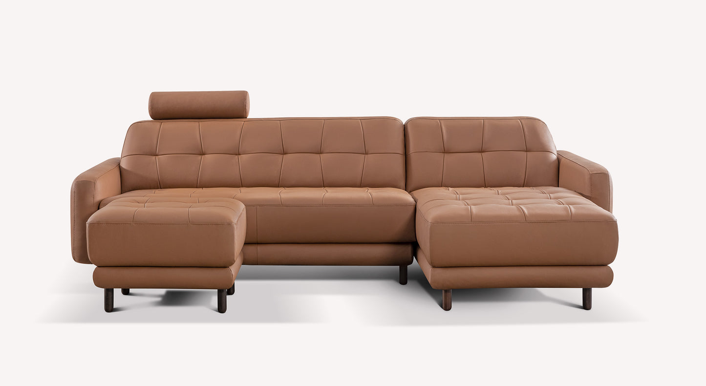 Canapé d'angle convertible en cuir marron, modèle Clark Sidney23, avec appuie-tête et pieds en bois
