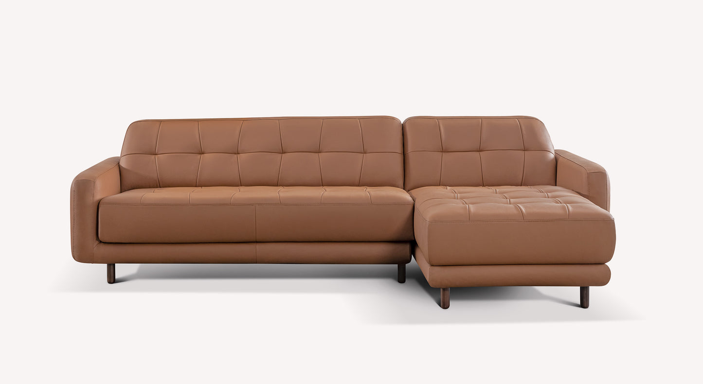 Canapé d'angle convertible en cuir marron, modèle Clark Sidney23, avec assise capitonnée et pieds en bois