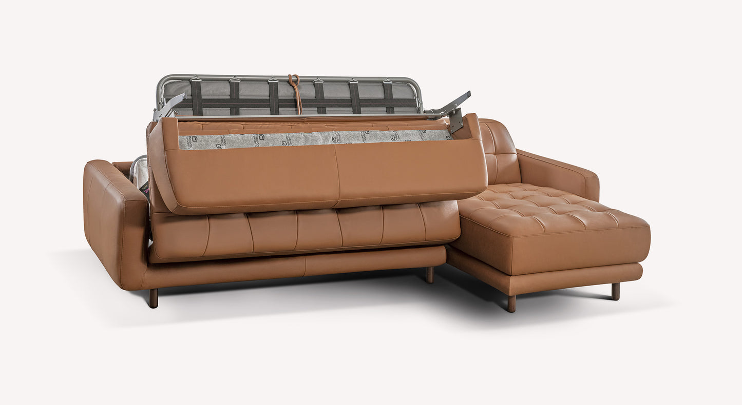 Canapé d'angle convertible en cuir marron, modèle Clark Sidney, avec mécanisme de lit déplié