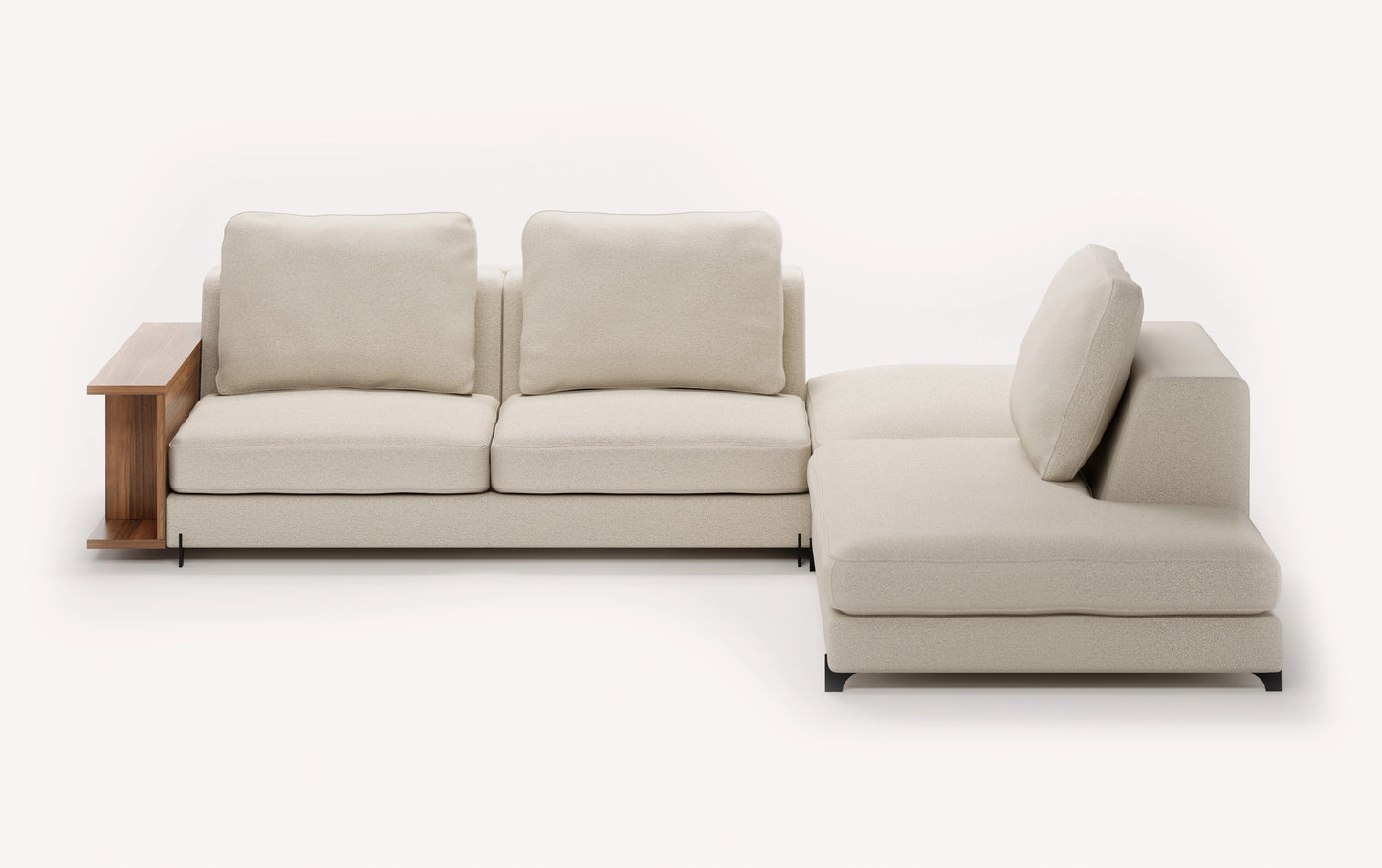 Canapé d'angle en tissu ivoire avec pouf intégré, modèle Nelly, accoudoir en bois