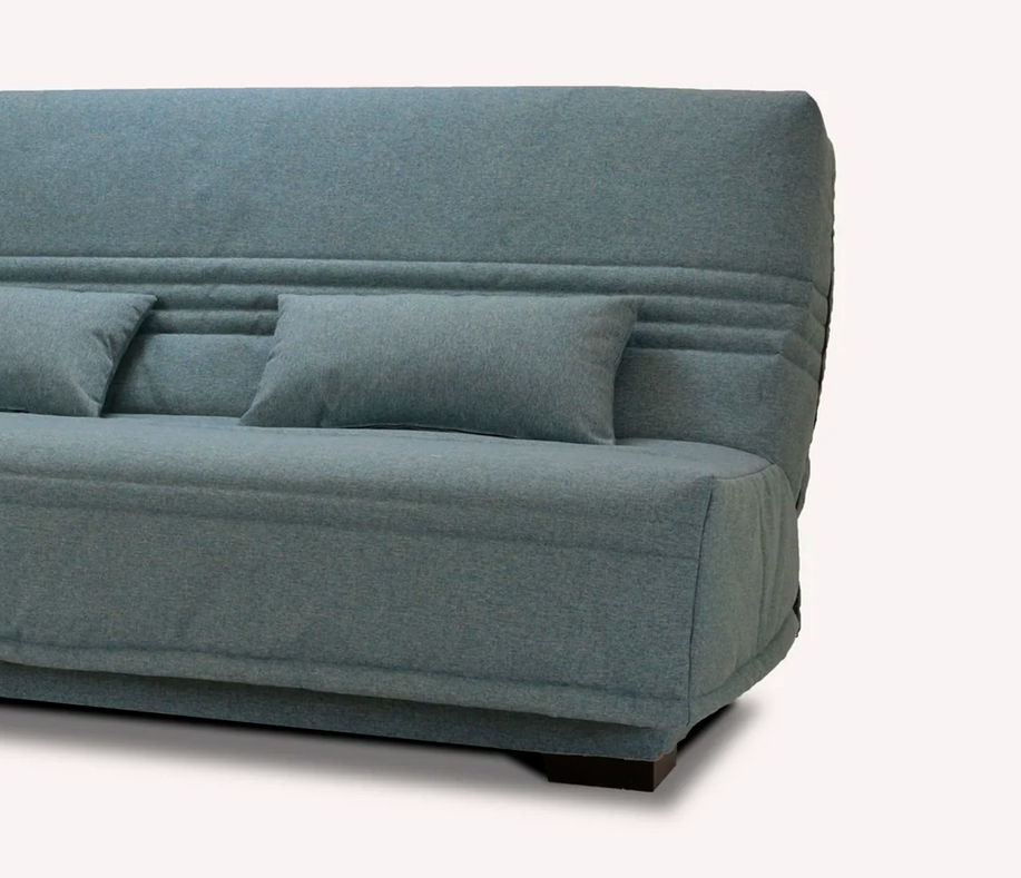 Banquette convertible grise avec dossier haut et deux coussins assortis