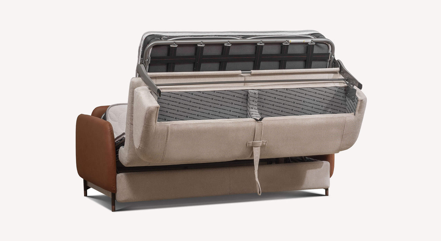 Canapé convertible Niaechotis en tissu ivoire et marron, modèle Echo Aragon, avec espace de rangement ouvert