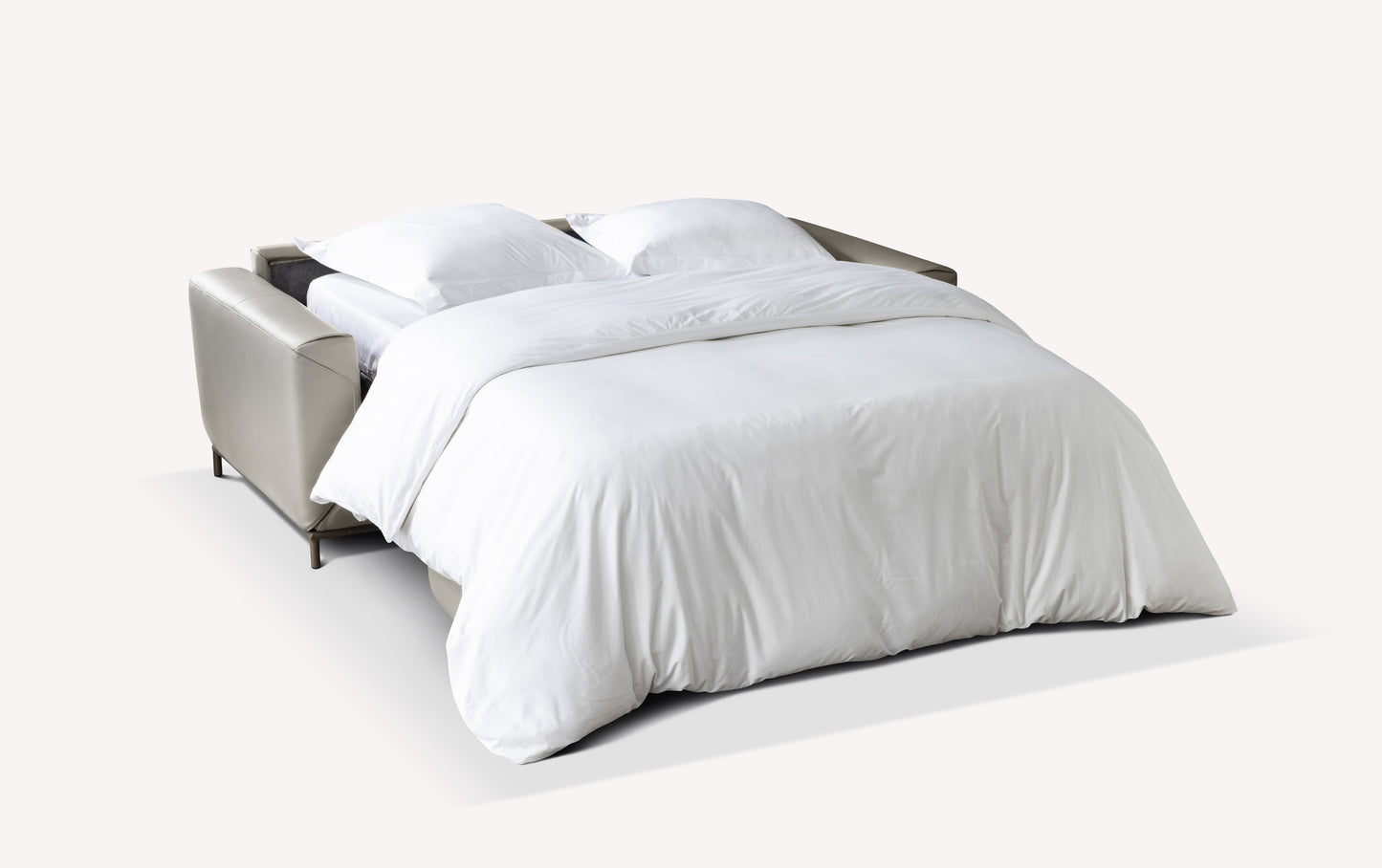 Canapé convertible Gustave ouvert en tissu cuir Papua gris moyen, avec literie blanche