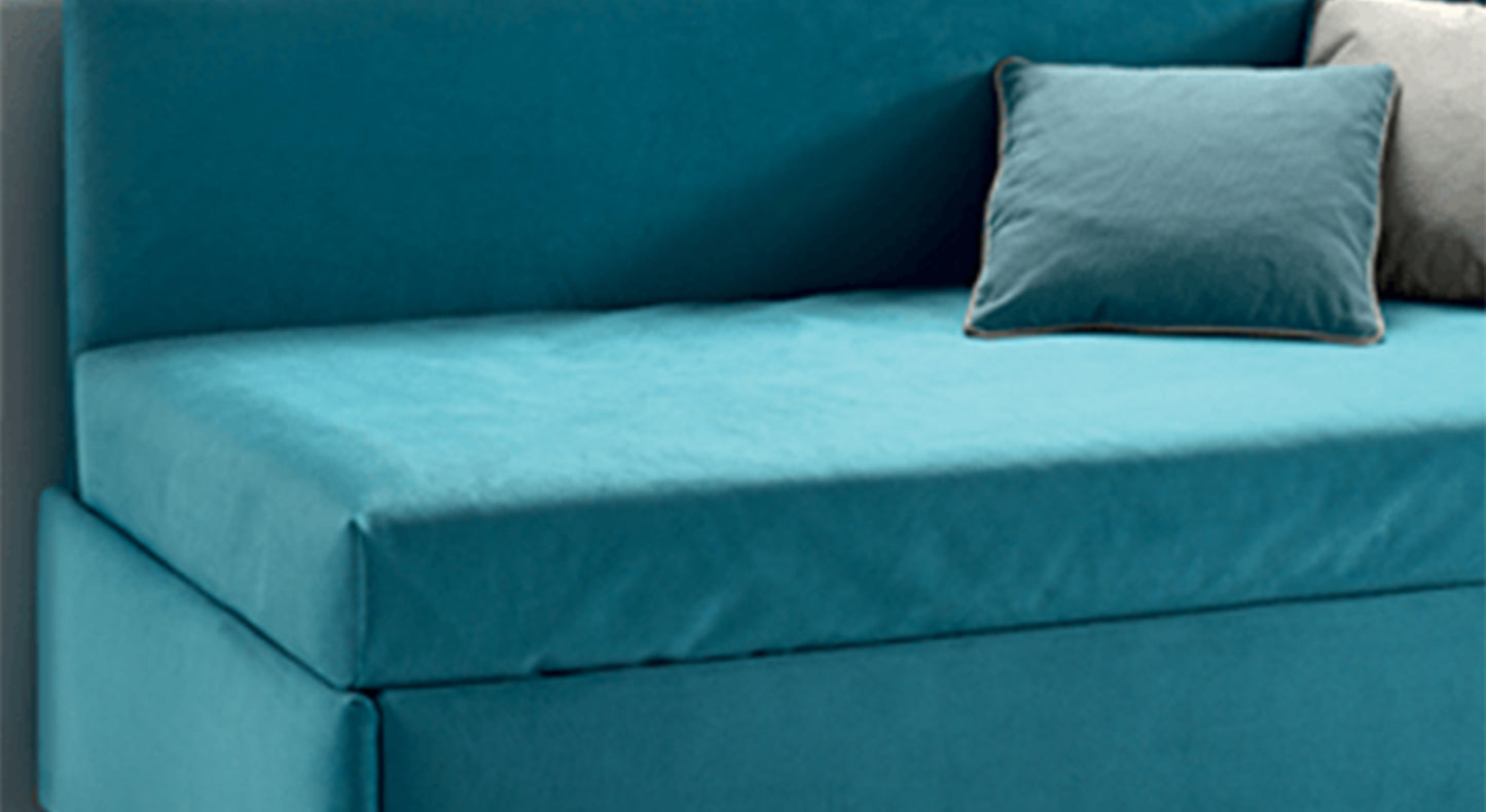 Canapé gigogne en tissu bleu Alessia avec coussins assortis