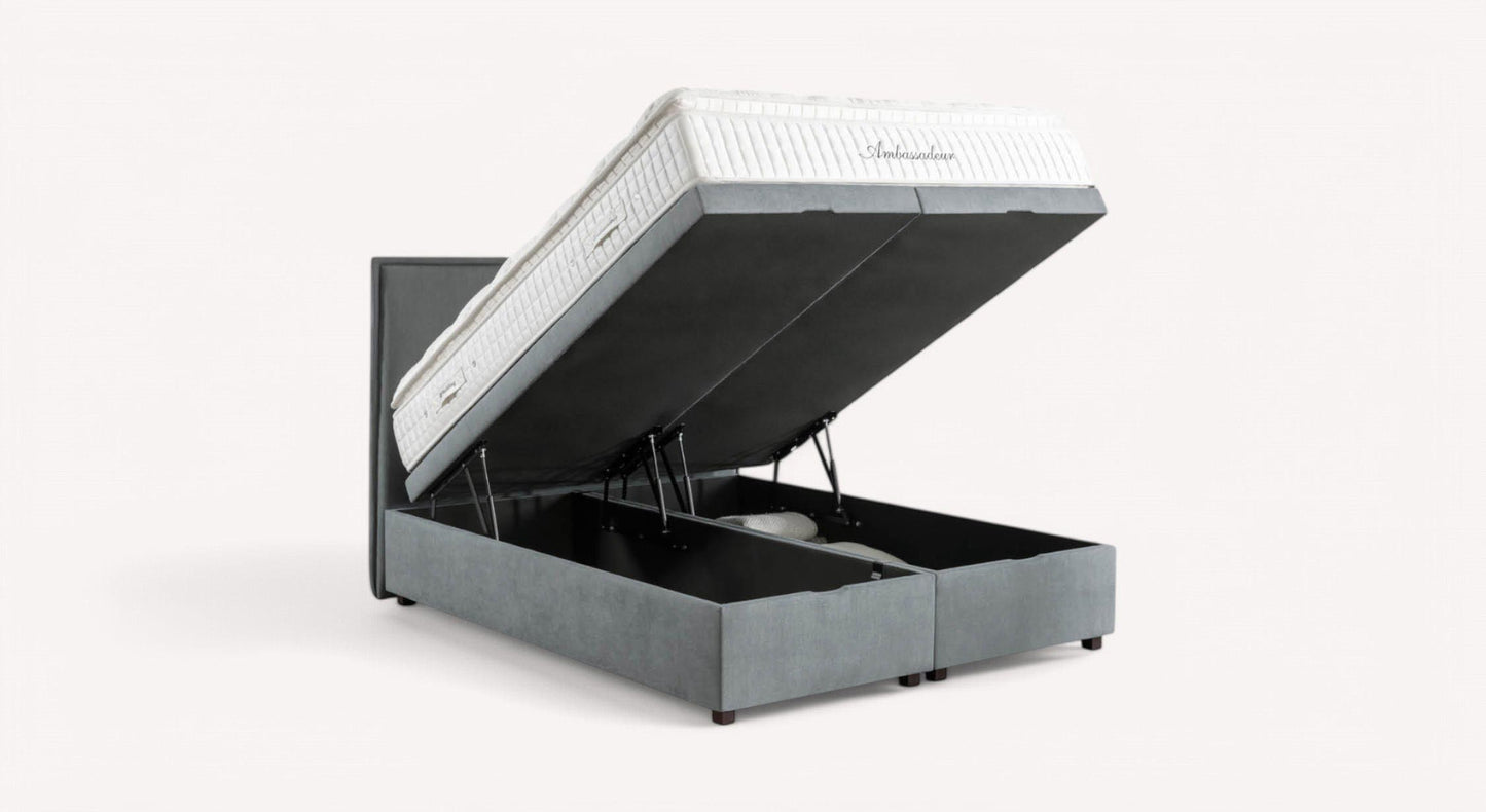 Lit coffre Ouessant Mine Niagara LMC 5 avec matelas relevé, montrant l'espace de rangement intégré