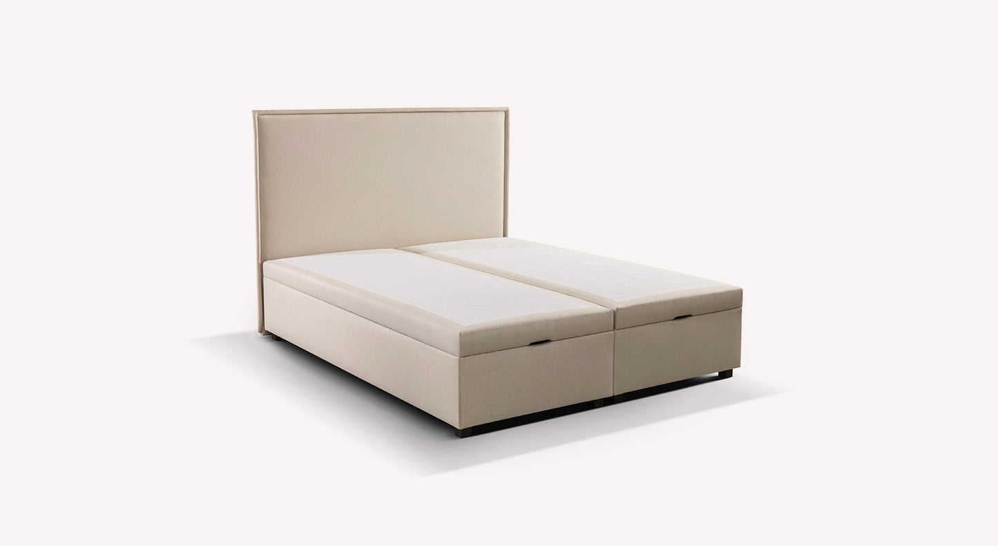 Lit coffre beige modèle Ibiza avec tête de lit, présenté en packshot sur fond neutre