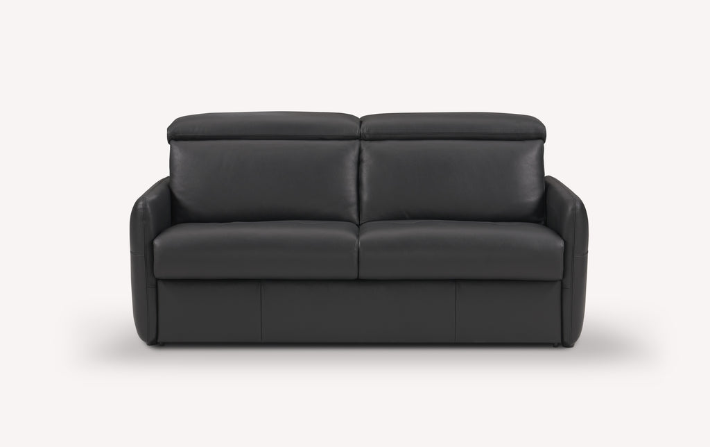 Canapé convertible en cuir noir, modèle Bruce, design luxueux avec accoudoirs rembourrés et dossier ajustable