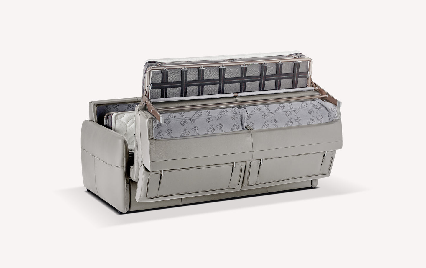 Canapé convertible en cuir gris souris, modèle Bruce, avec mécanisme de dépliage visible