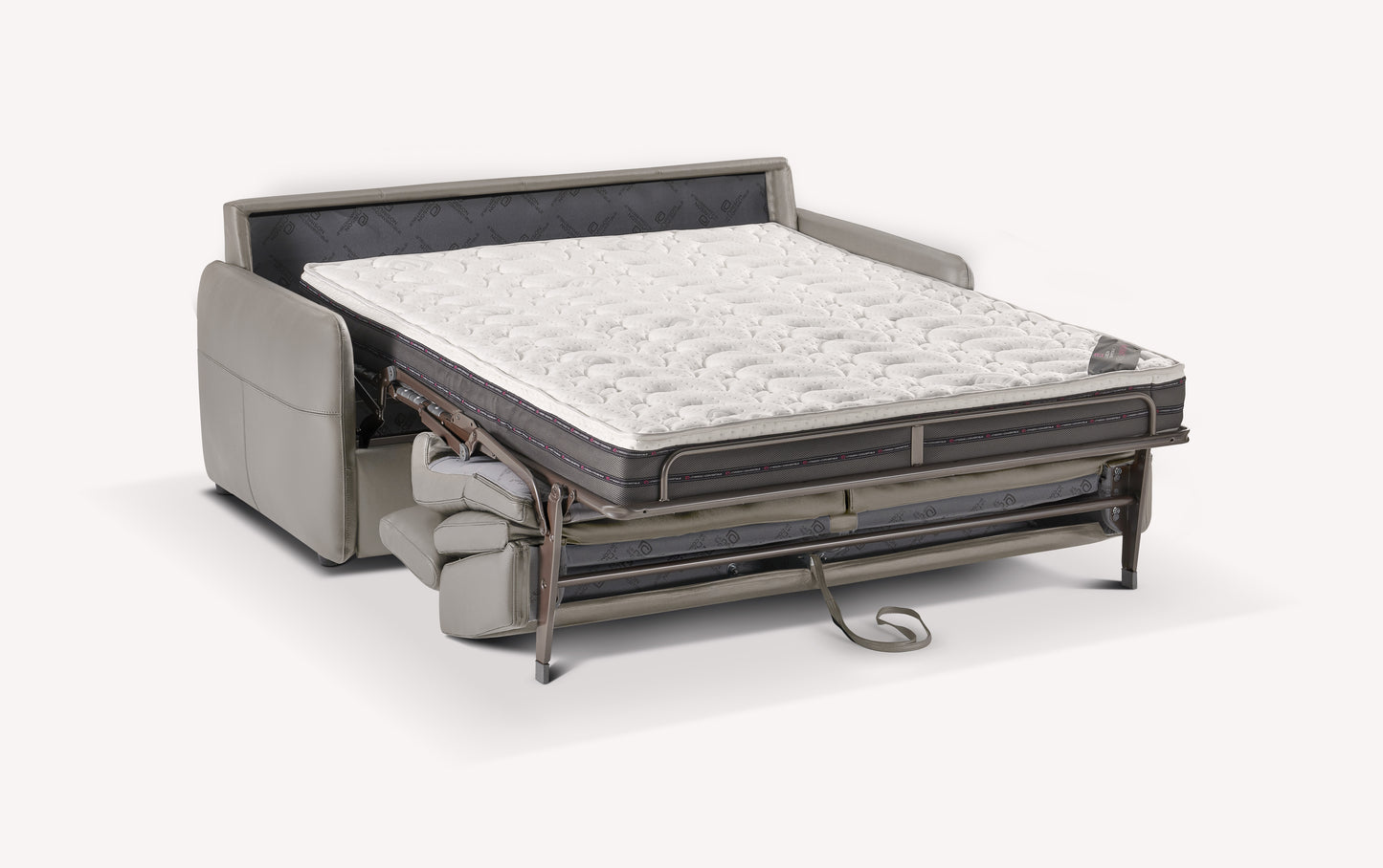 Canapé convertible en cuir gris avec matelas déplié, modèle Bruce
