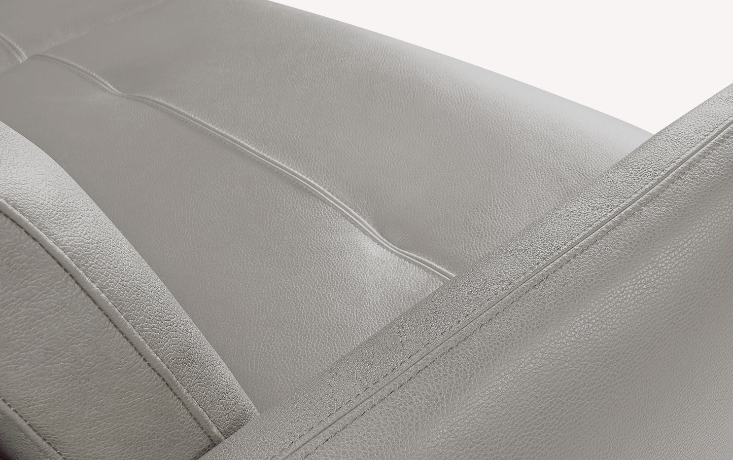 Gros plan sur le tissu en cuir gris d'un canapé convertible Bruce, revêtement lisse et coutures visibles
