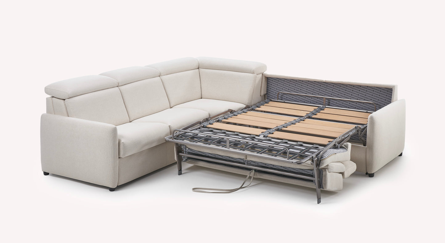 Canapé d'angle convertible ivoire avec sommier déplié, modèle Bruce Austin