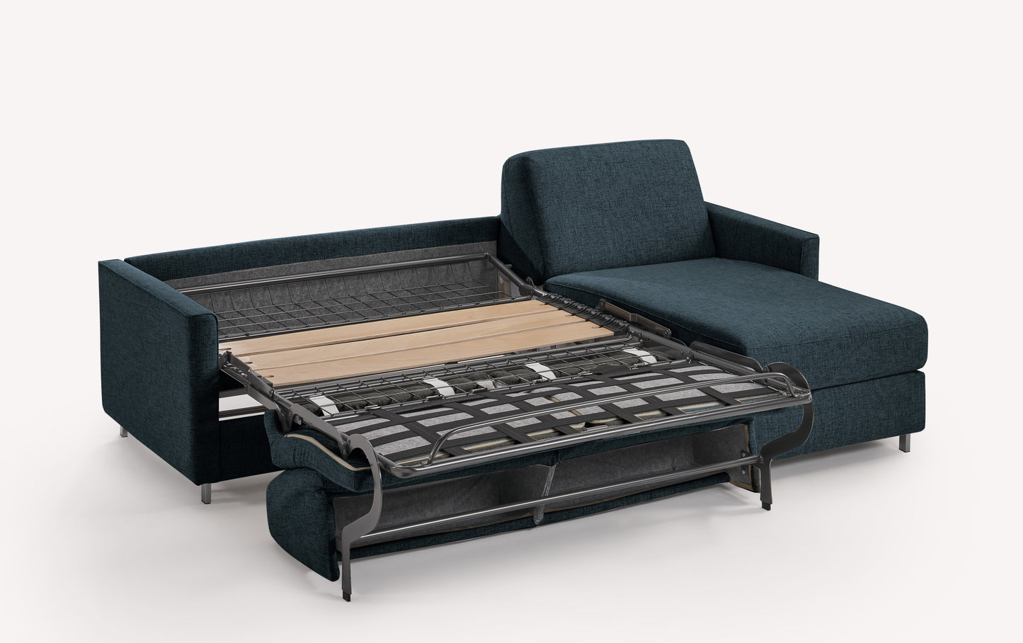 Canapé d'angle convertible en tissu bleu océan, modèle Jimmy, avec sommier déplié