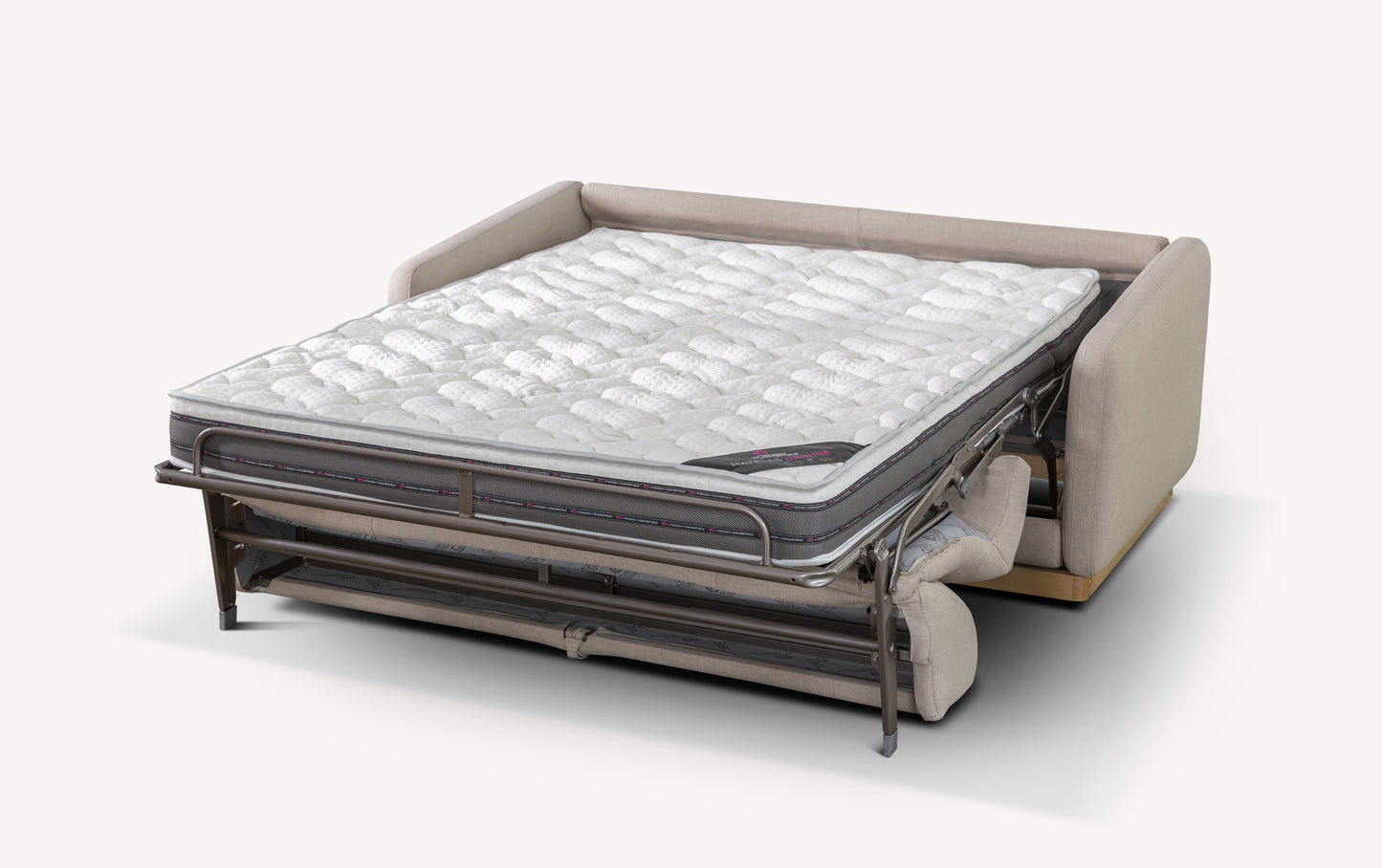 Canapé convertible Koons avec matelas en tissu, structure en métal dépliée, couleur beige, idéal pour un espace multifonction