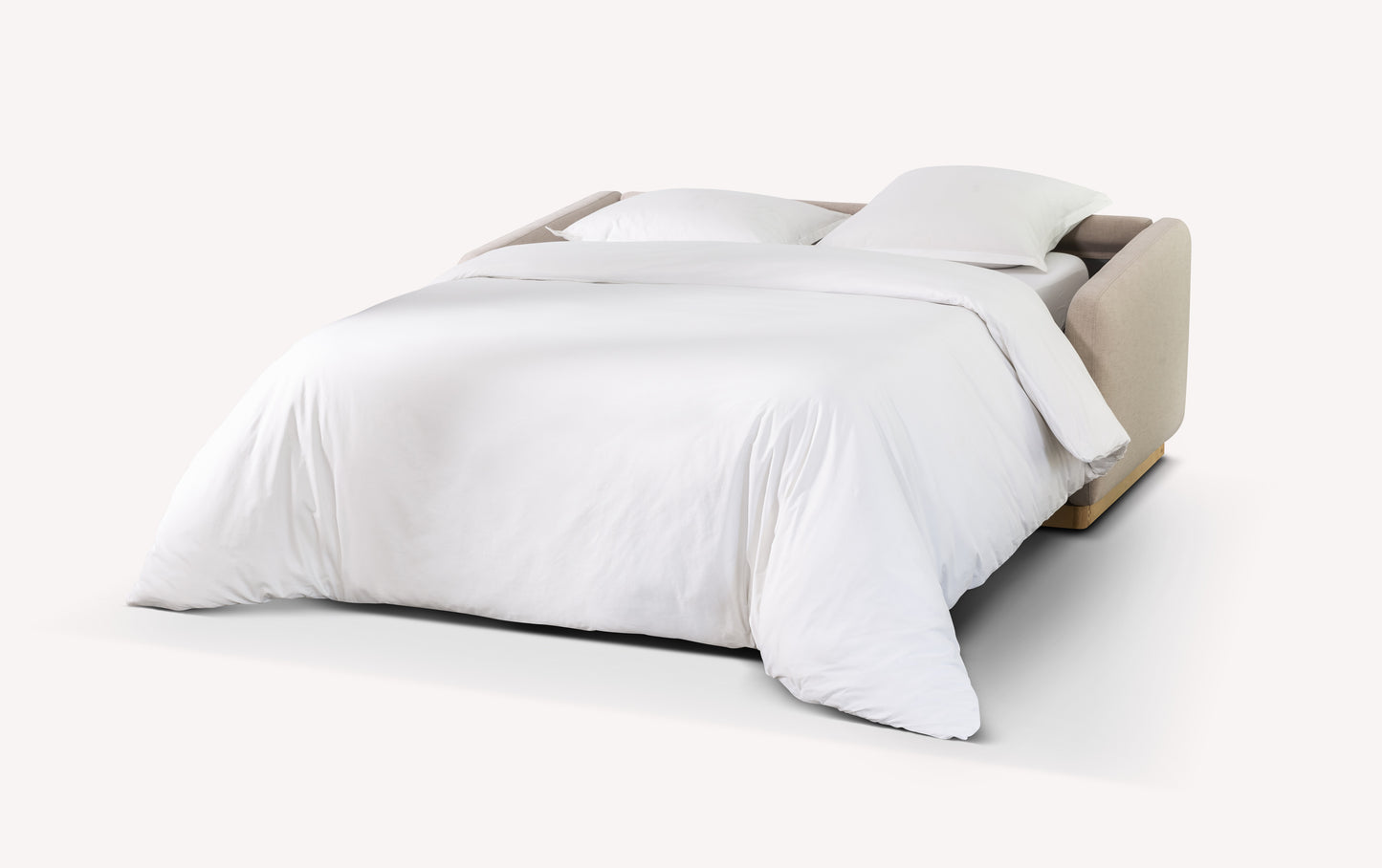 Canapé convertible Koons ouvert en tissu mastic, avec literie blanche