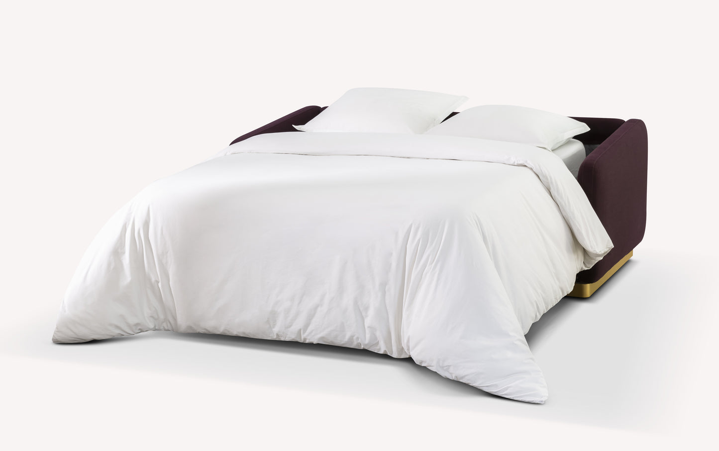 Canapé convertible Koons ouvert, tissu violet, avec literie blanche