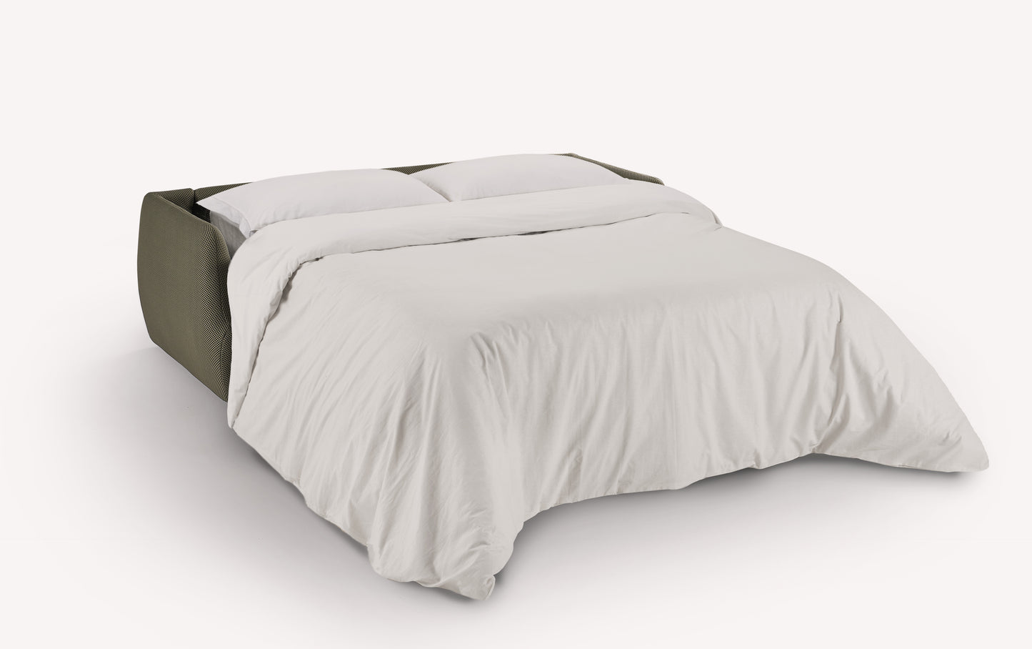 Canapé convertible ouvert en lit, tissu kaki Vulcano, avec draps blancs
