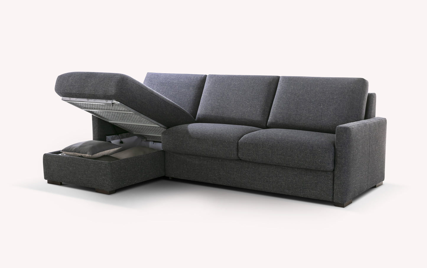 Canapé convertible en tissu gris avec rangement ouvert, modèle Modi, Lyon