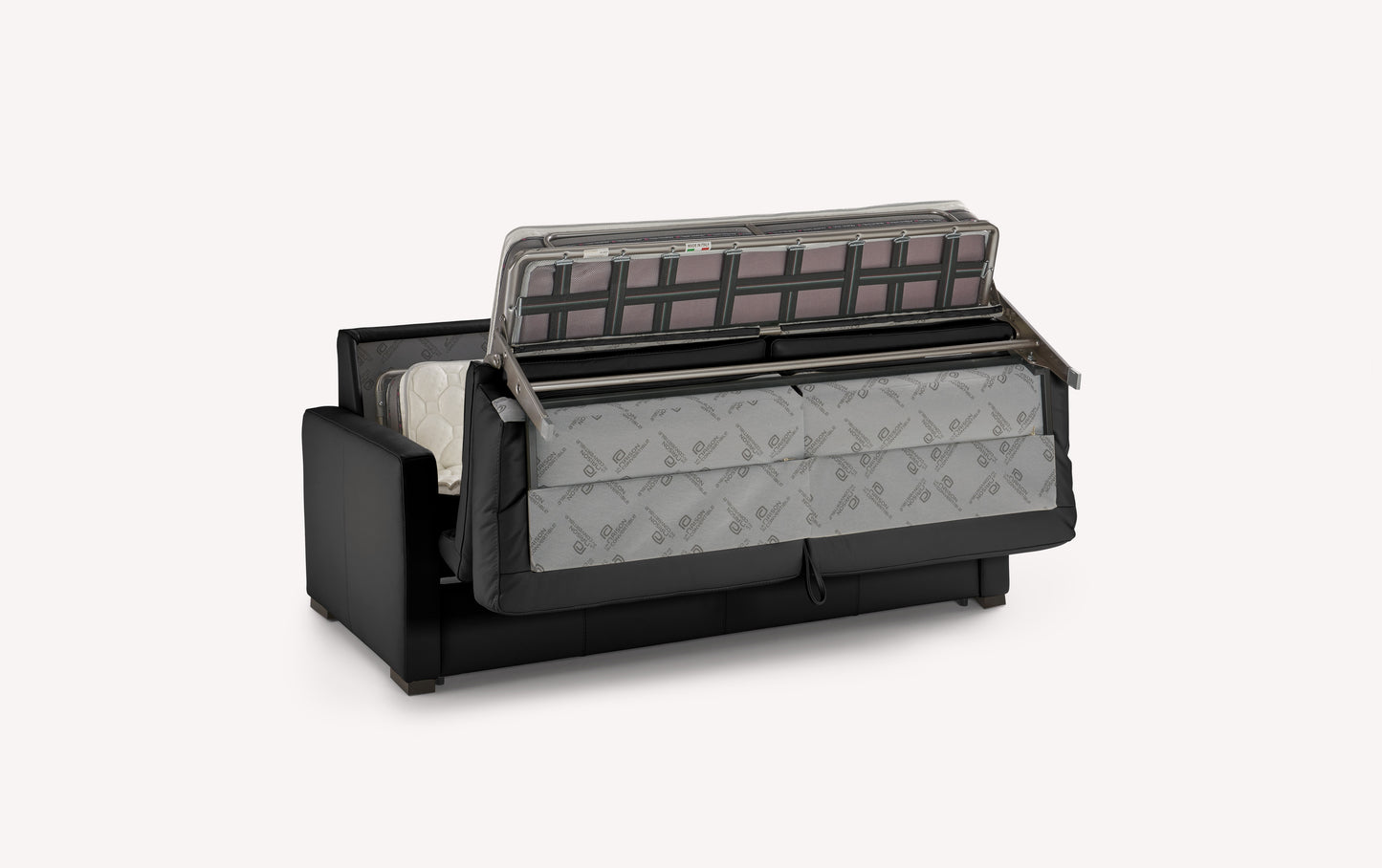 Canapé convertible en cuir noir de luxe, modèle Lyon, en position ouverte montrant le mécanisme de déploiement du lit