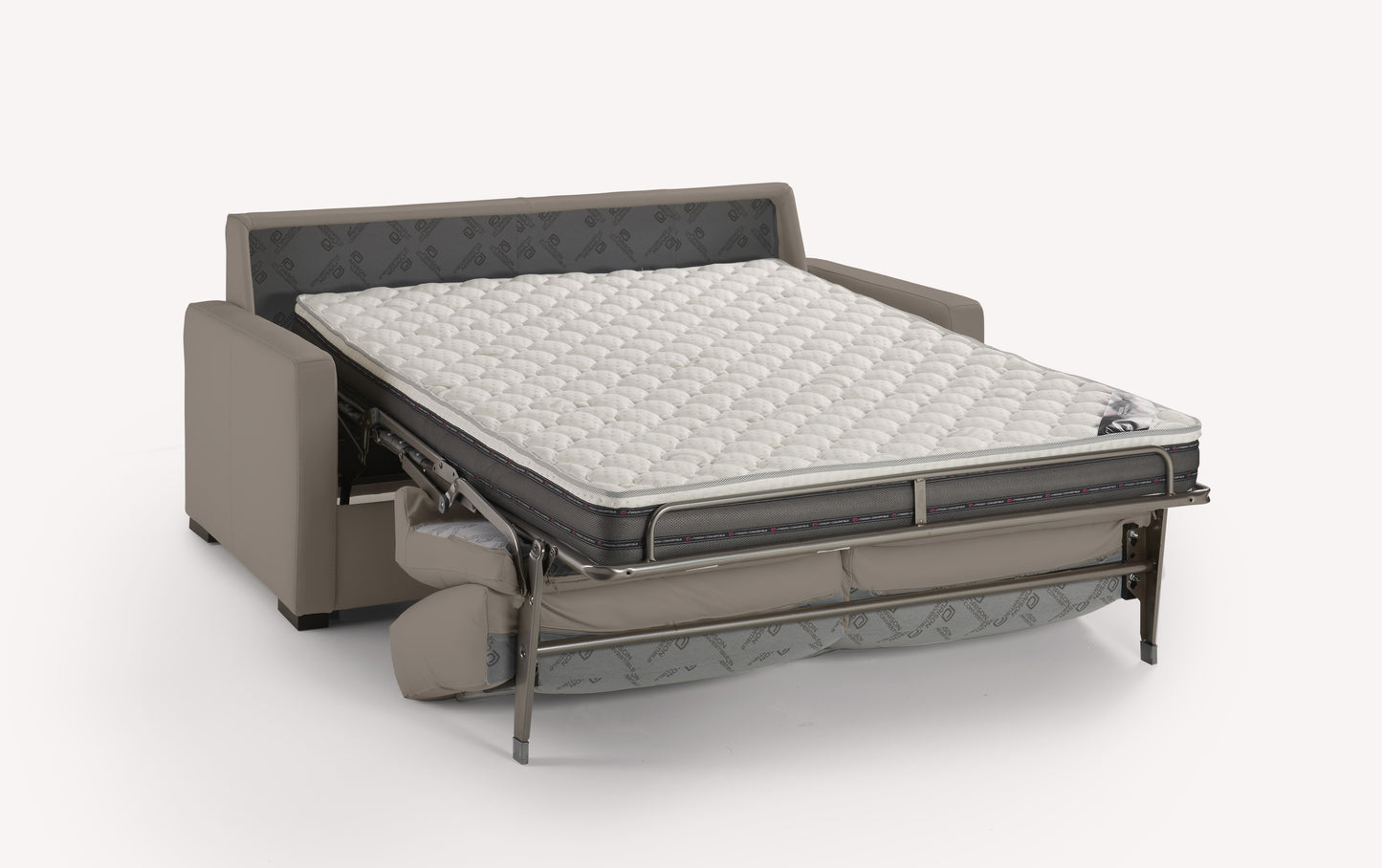 Canapé convertible en cuir gris avec matelas luxueux déplié, design moderne et élégant