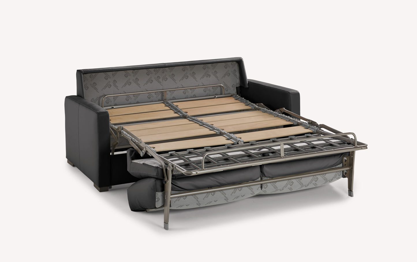 Canapé convertible en cuir noir, modèle Lyon, avec sommier déplié, design luxueux