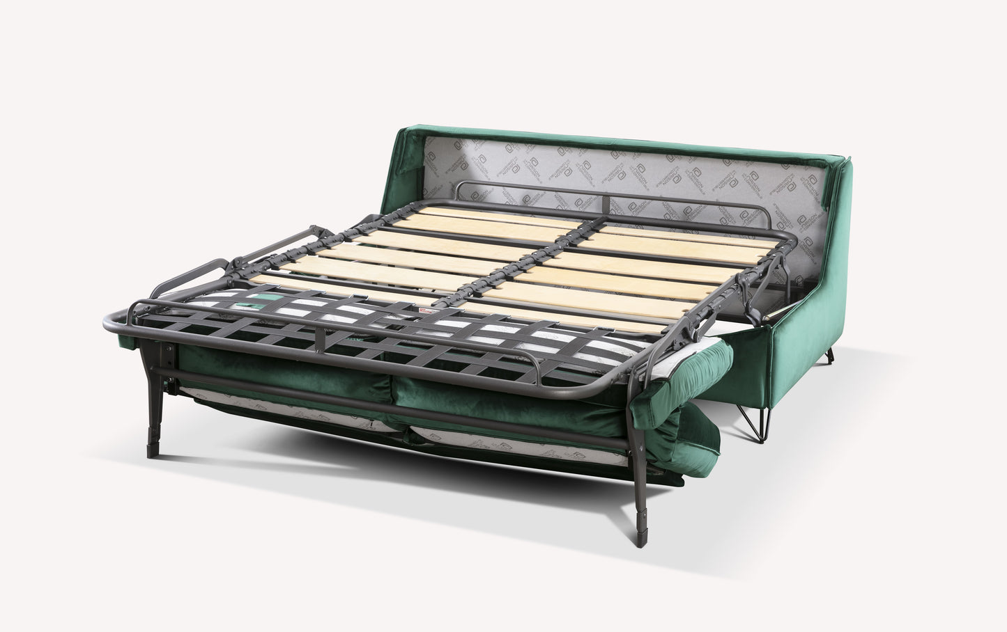 Canapé convertible en velours vert, modèle Miles Amsterdam, avec structure de sommier en métal et lattes en bois