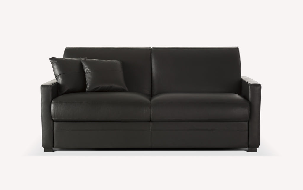 Canapé convertible en cuir noir luxueux avec deux coussins assortis