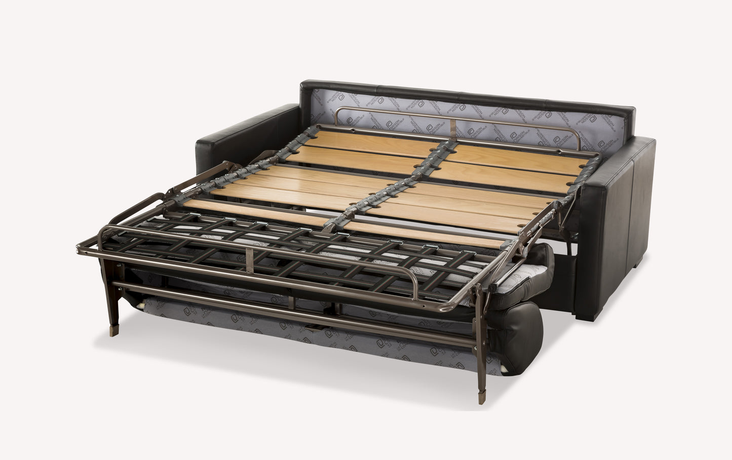Canapé convertible en cuir noir avec sommier déplié, modèle Notte Lux