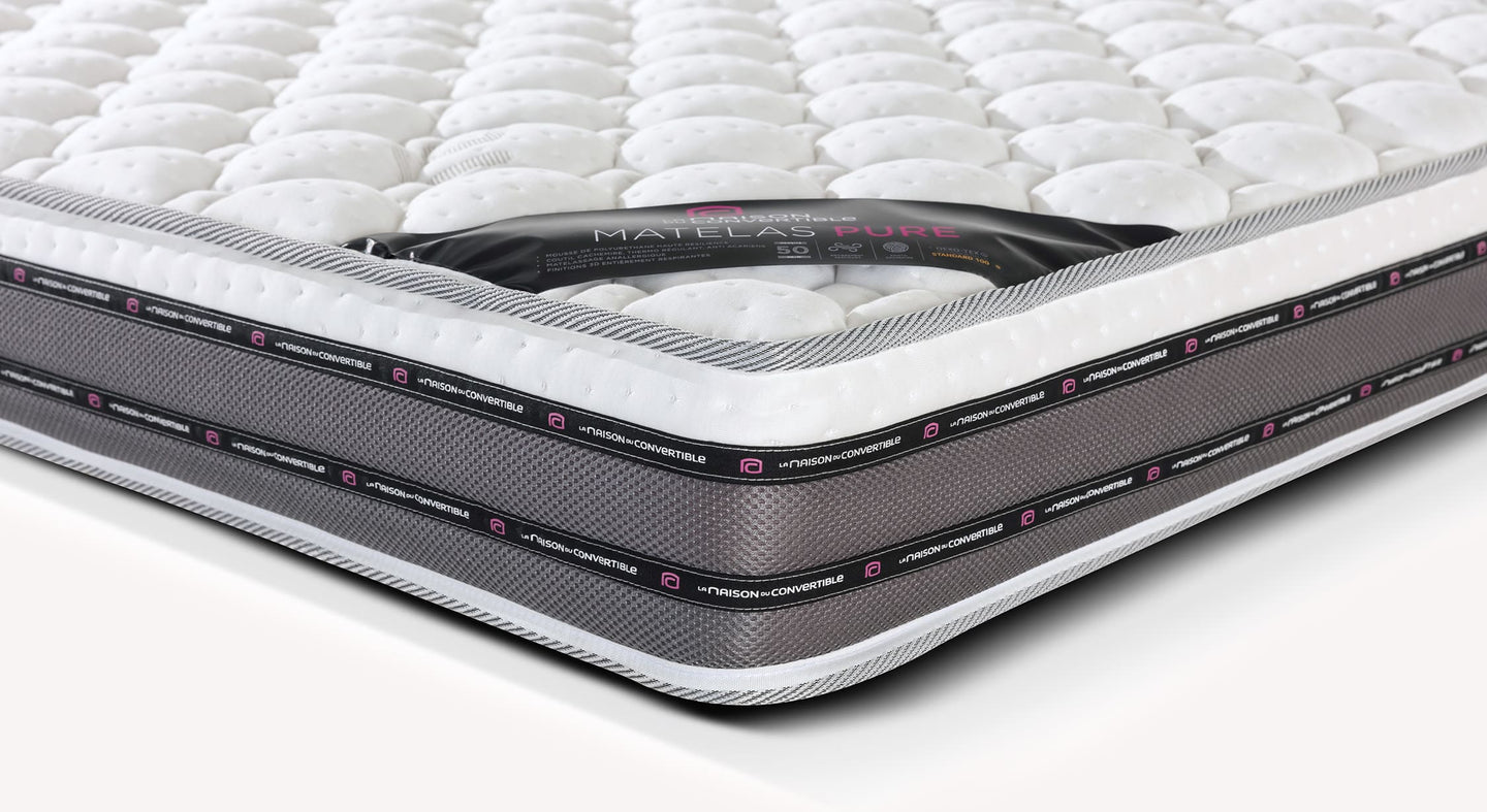 Matelas Pure 17 cm avec coutil matelassé blanc et côtés gris, étiquette "La Maison du Convertible"