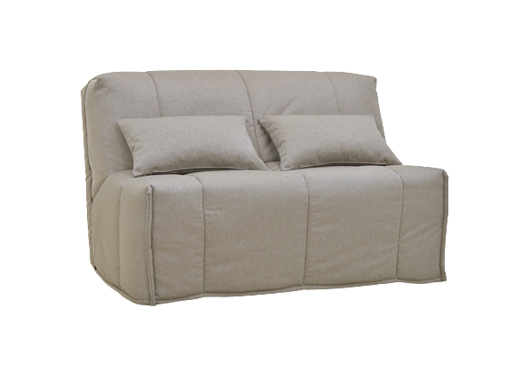 Banquette Maia beige avec deux coussins, design moderne et épuré, fond transparent