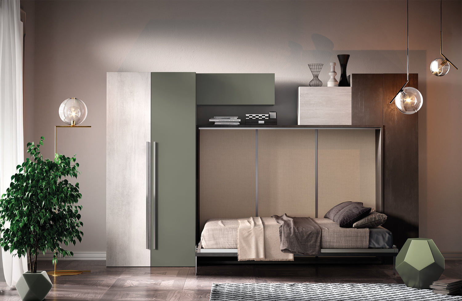 Lit escamotable moderne intégré dans un meuble avec étagères, décoré de lampes suspendues et d'une plante, dans une pièce élégante