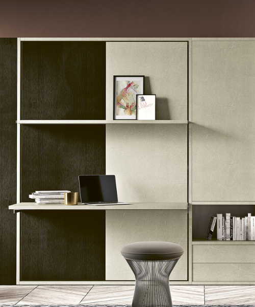 Lit escamotable intégré avec bureau, étagères et tabouret moderne, design élégant et fonctionnel
