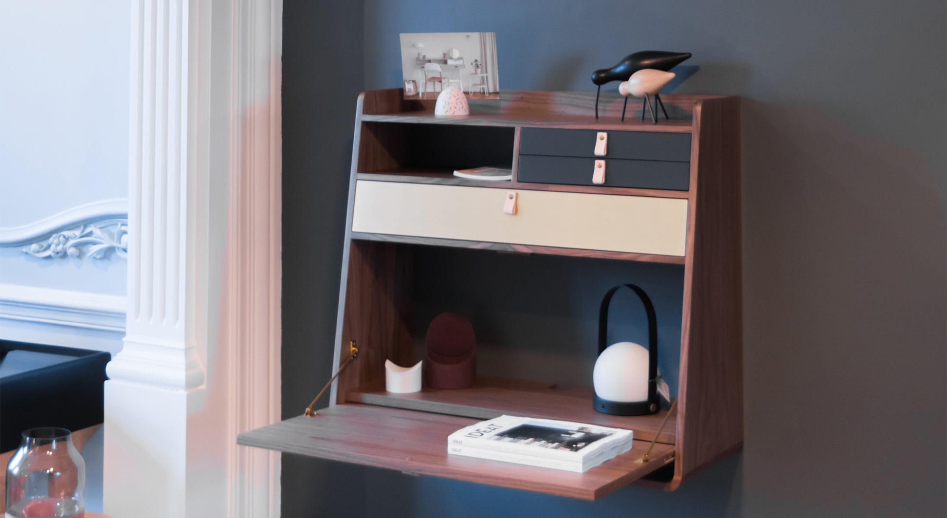 Secretary desk GASTON Walnut Walnut Light Gray Slate Gray