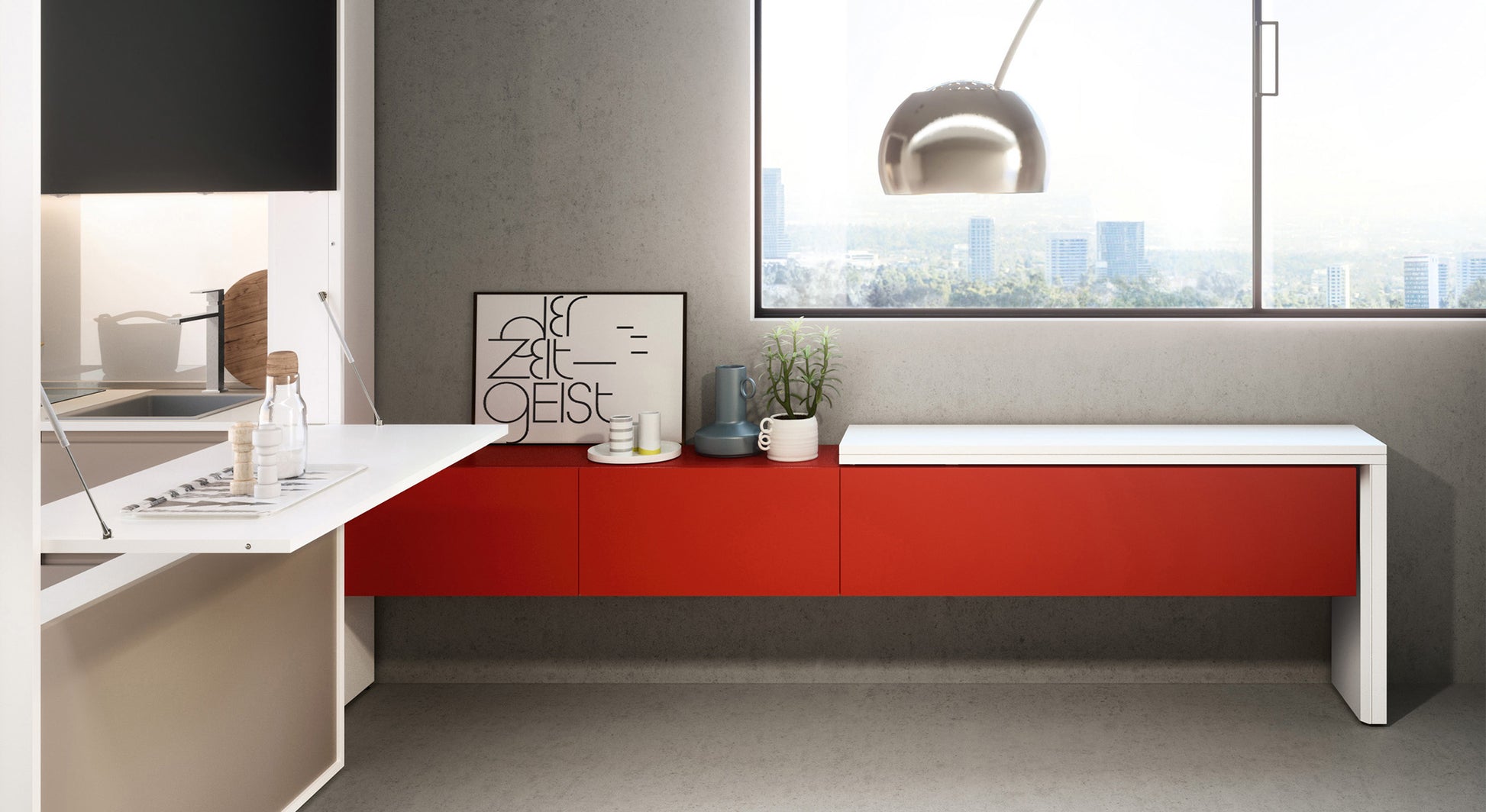 Cuisine moderne avec lit escamotable, comptoir rouge, accessoires design et vue sur la ville par la fenêtre