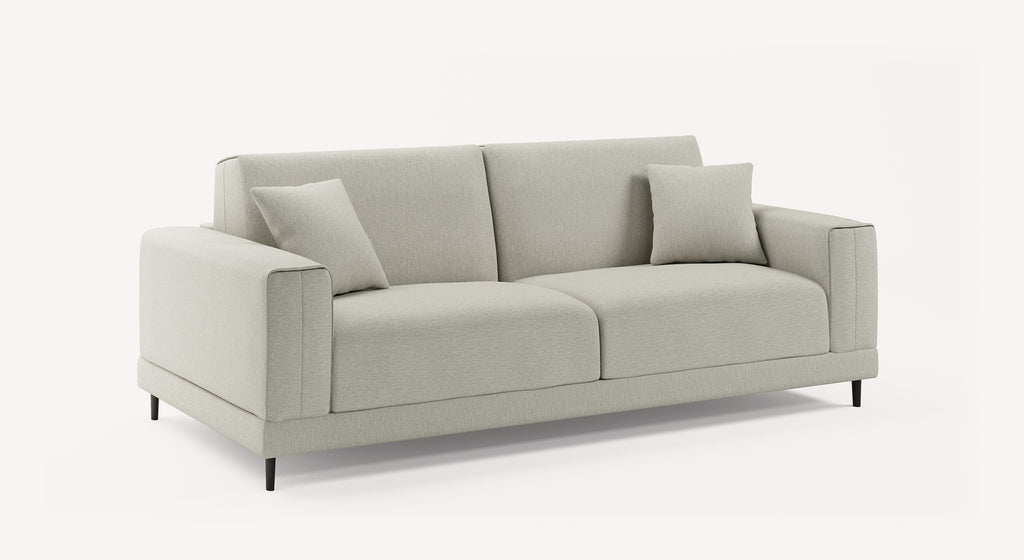 Canapé en tissu gris clair avec deux coussins, design moderne et épuré, modèle Gemma de Baker Fermé