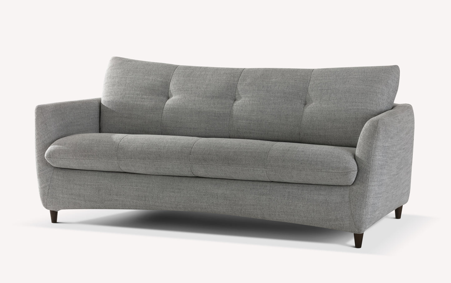 Canapé convertible en tissu gris, modèle Bow Sidecar, avec accoudoirs arrondis et pieds en bois foncé