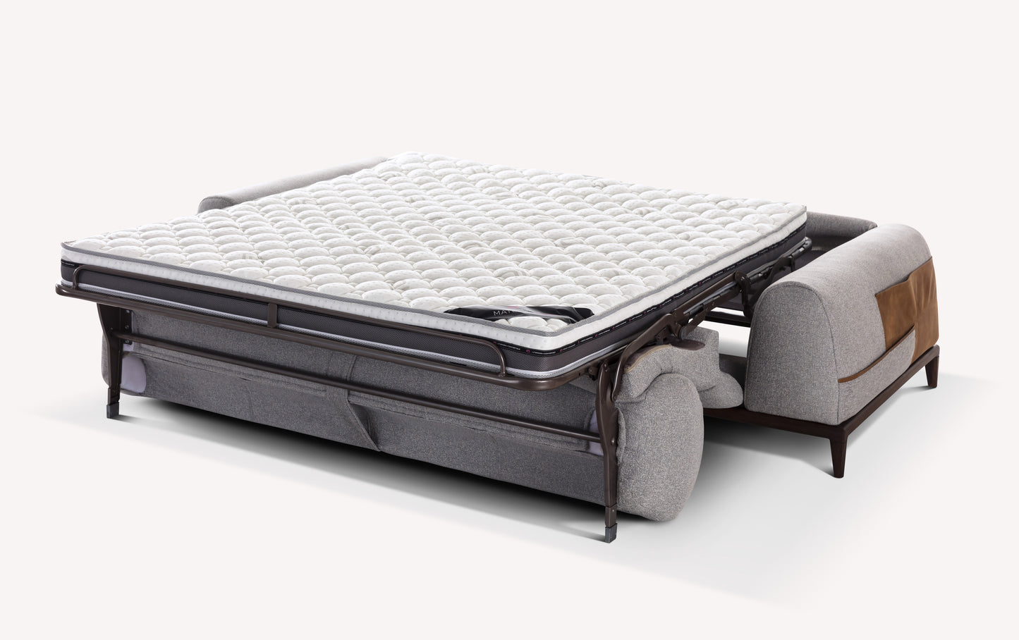 Canapé convertible Darren en tissu gris avec matelas déplié, design moderne et fonctionnel